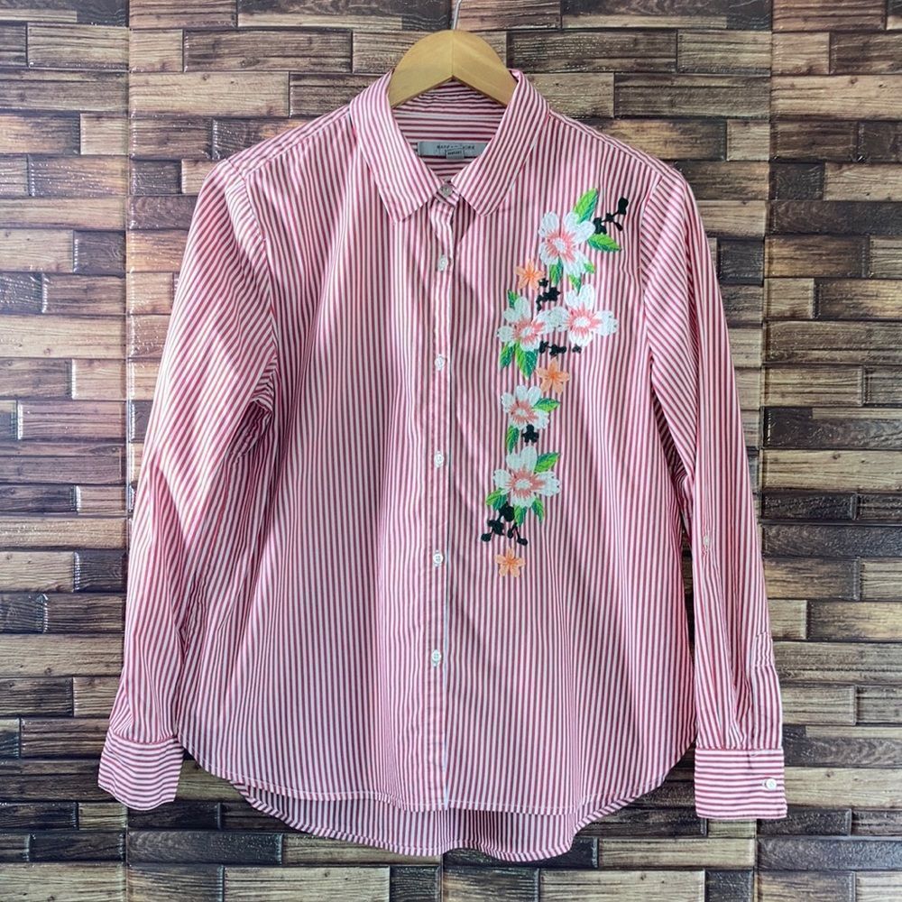 Andrew Marc Button Down Shirt Red White Striped Embroidered Long Sleeve L